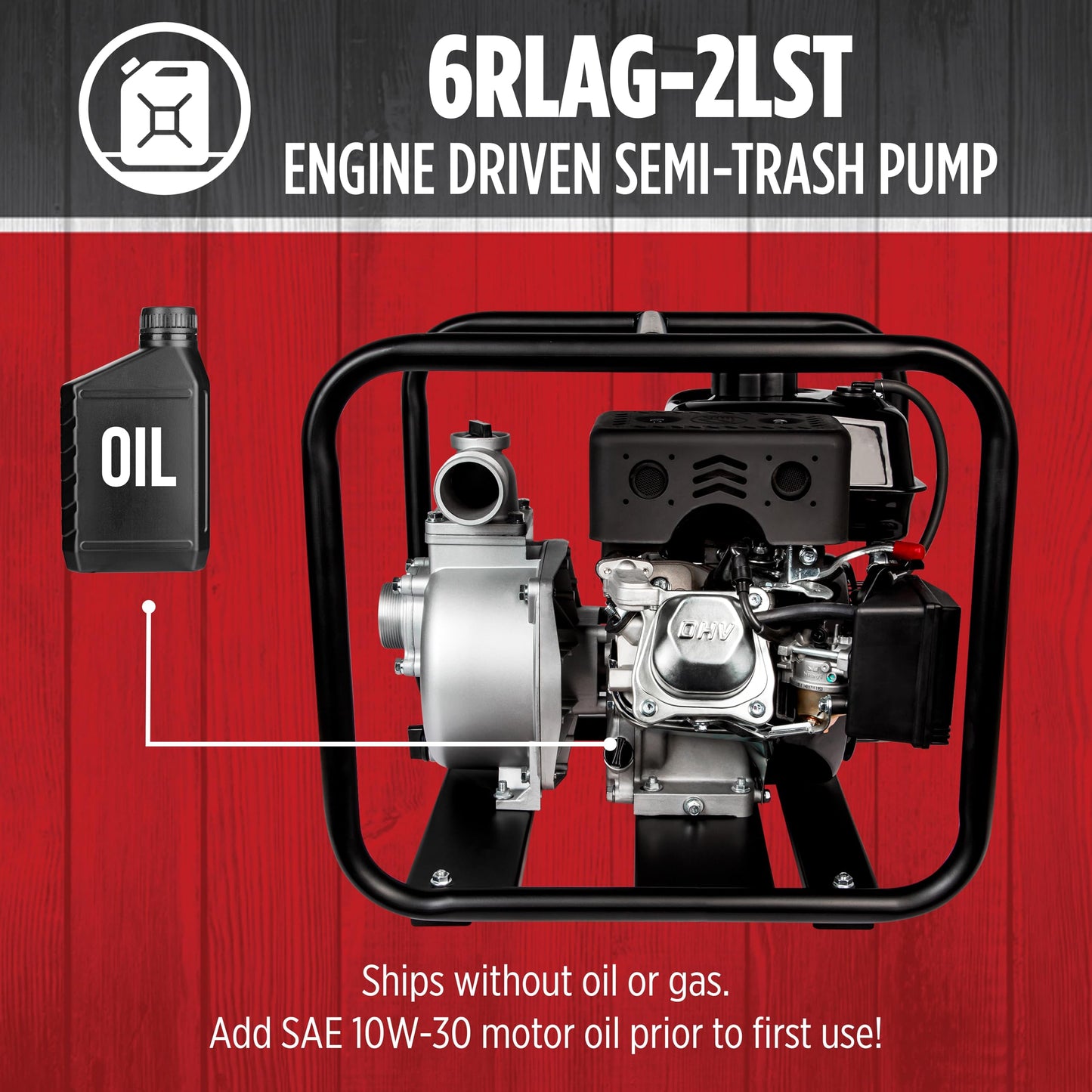 Red Lion 6RLAG-2LST 208cc, 150 GPM OHV Engine Driven Aluminum Semi-Trash Pump, 2-inch MNPT suction and discharge, Black, 617034