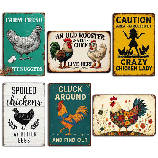 6 Pack Chicken Coop Signs – Vintage Farm Accessories Funny Metal Tin Signs for Outdoor Chicken Coop Decor, Farmhouse Wall Art, Rustic Barn Yard Decorations, 8x12 Inch
