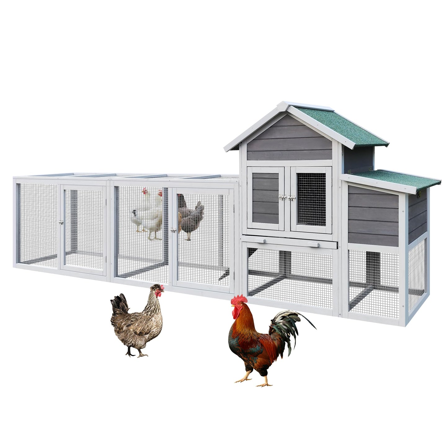 123'' Large Chicken Coop with Run, Wooden Hen House for 3-5 Chickens, Outdoor Chicken Run Poultry Cage Rabbit Cage Duck House with Nesting Box, Ramp & Pull-on Tray