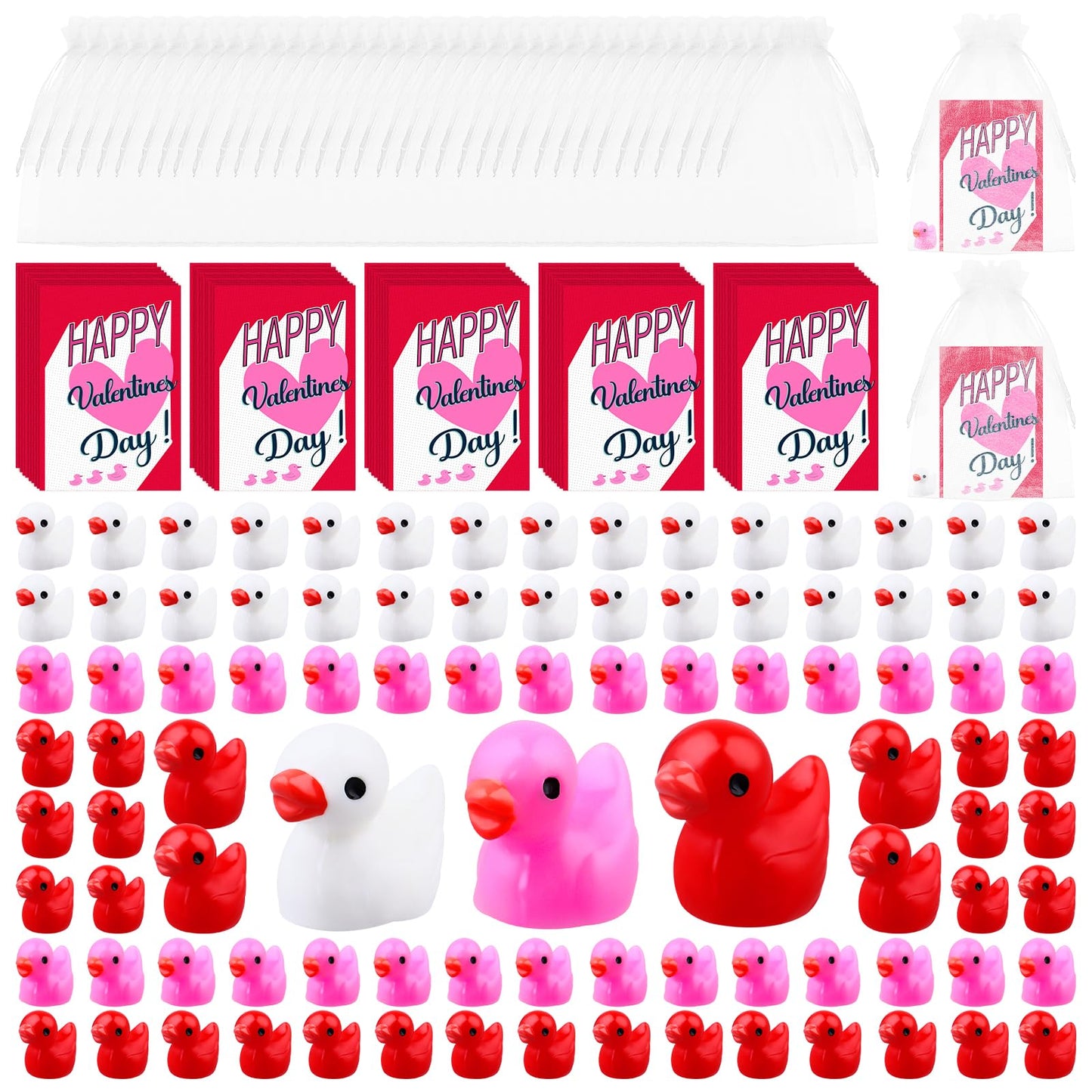 Youdaju 200 Pcs Valentine's Day Mini Resin Duck Figurines Cute Ducks Miniature Fairy Garden Ducks with Card Organza Bag Micro Dollhouse Decor Charms Beads for Garden DIY Landscape Aquarium Home
