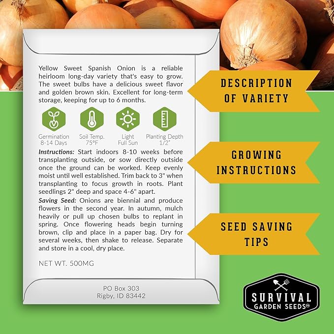 Yellow Sweet Spanish Onion Seed for Planting - 1 Packet with Instructions to Plant and Grow Long Day Onions in Your Home Vegetable Garden - Non-GMO Heirloom Variety - Survival Garden Seeds