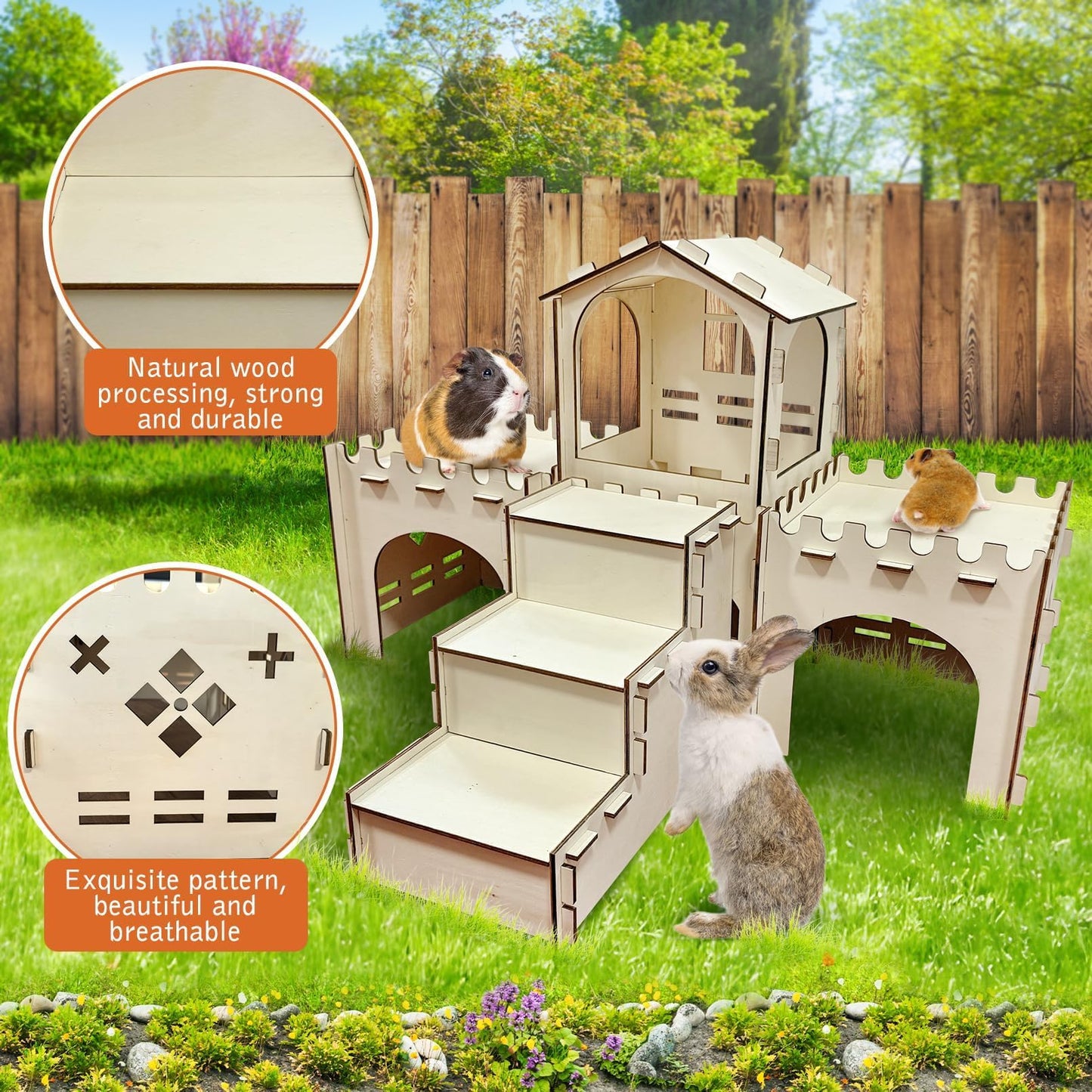 PINVNBY Extra Large Bunny Castles Hideout, Wooden Rabbit House Hide Climbing Detachable Indoor Wooden Hideaway Castle Tower Tunnel for Small Animal Rabbit Bunny Guinea Pig Hamster Chinchilla Ferret