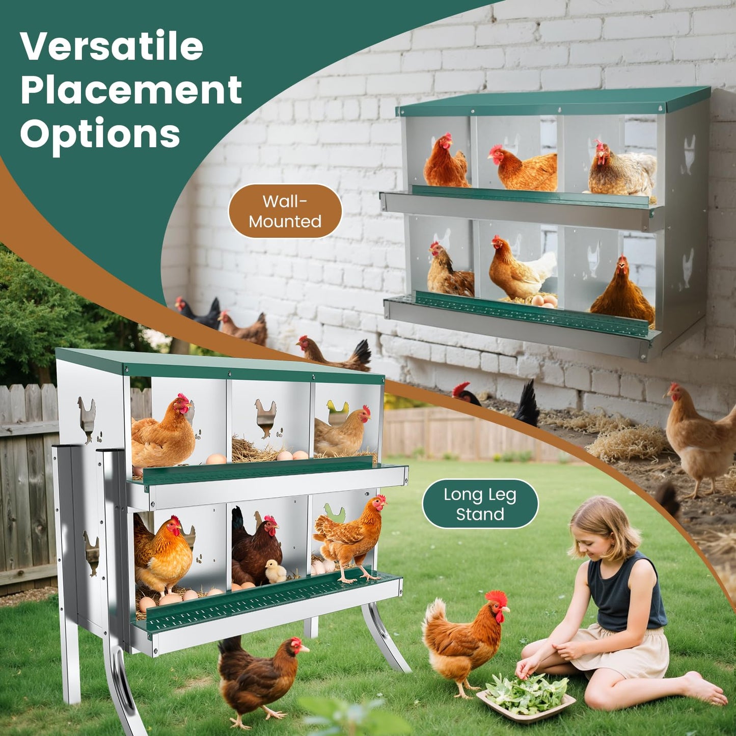 POWLAB 6 Compartment Chicken Nesting Box with Elevated Metal Legs - Heavy Duty Roll Away Egg Collection, Secure Lid & Perch - Versatile Wall Mount or Free Standing Design for Chickens, Hens, Ducks