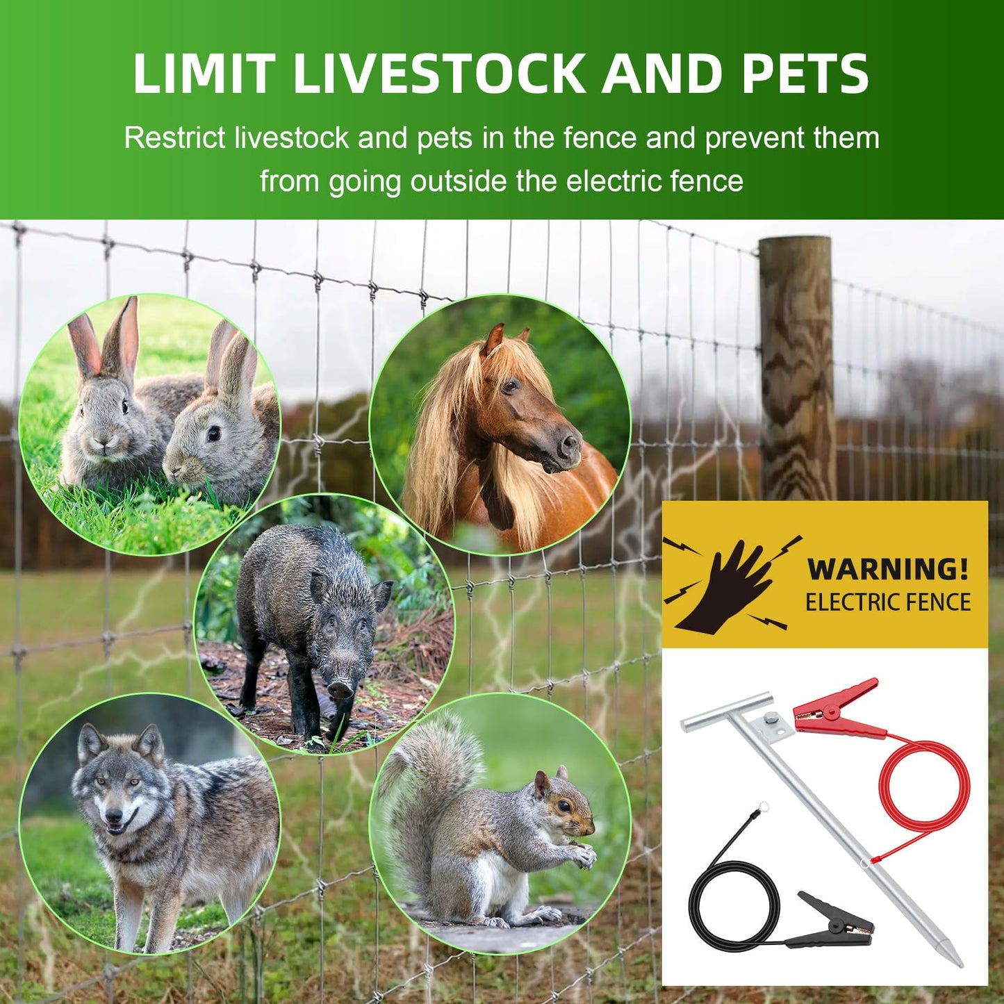 Electric Fence Wire Grounding Rod, Portable Ground Rod with Electric Fence Wire, Solar Electric Fence Lead Wire with Alligator Clip, for Energizer to Fence Wire & Ground System
