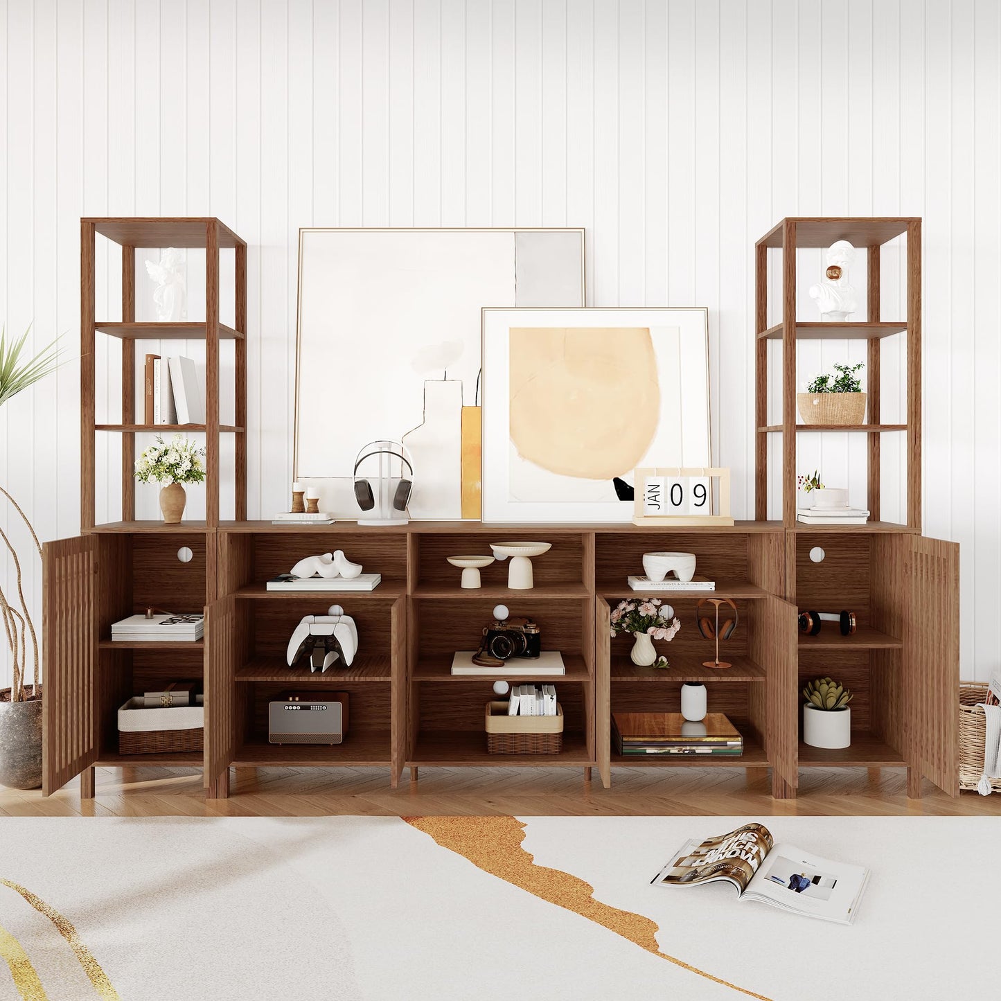 Farmhouse TV Stand for TVs Up to 70 in, Entertainment Center with Bookshelves, Media Center with Storage Cabinet & Adjustable Shelves for Living Room Bedroom Home Theater