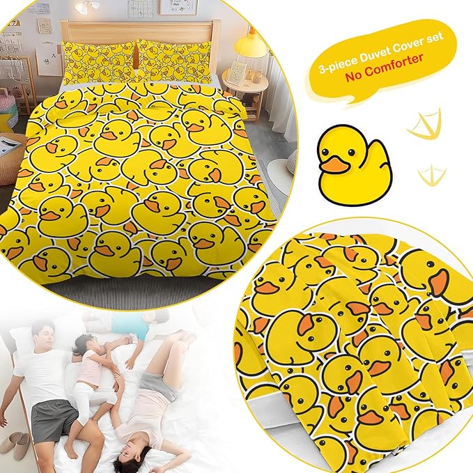 Twin Duvet Cover Set: Kids Yellow Ducks Themed Brushed Microfiber Bedding for Boys Girls Room- Little Plastic Rubber Duck Print Comforter Cover with 2 Pillowcases