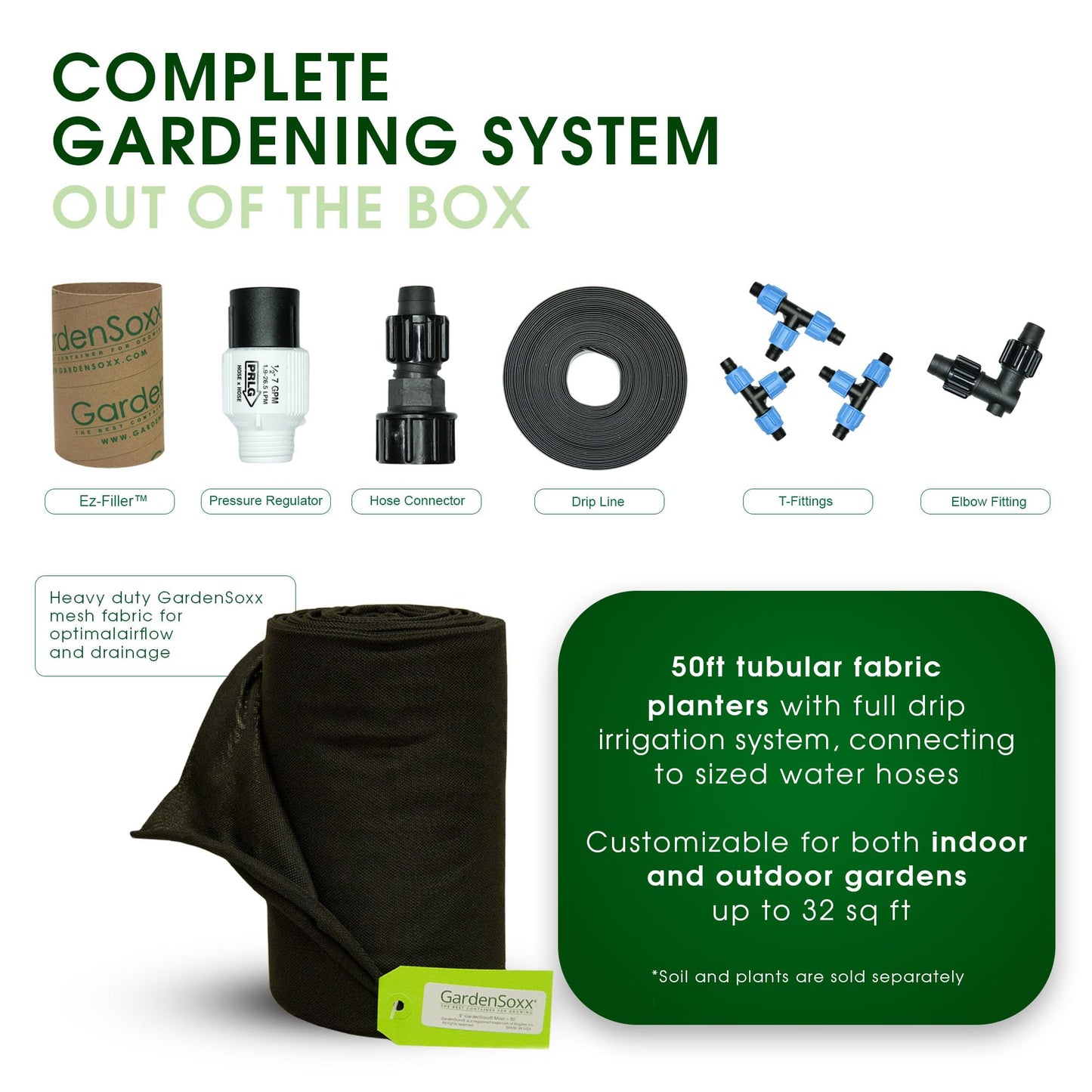 GardenSoxx 4x8 50ft Tubular Fabric Plant Pots with Full Drip Irrigation System - Heavy Duty Mesh for Optimal Airflow, Customizable up to 32 sqft Garden for Fruit, Vegetables and Flowers