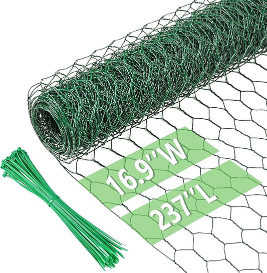Chicken Wire 16.9 in x 237 in Poultry Wire Netting Hexagonal Galvanized Mesh Garden Fence Barrier for Pet Rabbit Chicken Fencing with 100 Pcs Cable Zip Ties(PVC-Coated)