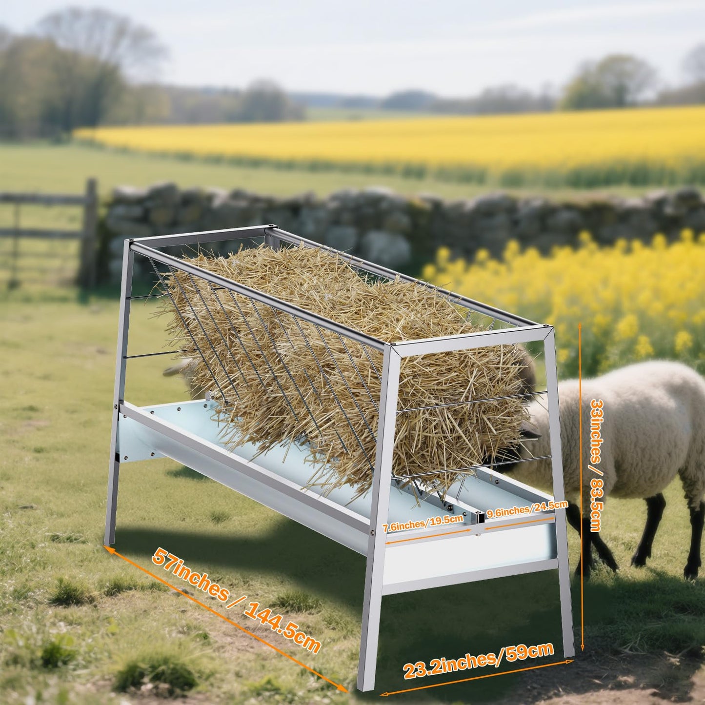 BUYYAH 5 Ft Pasture Feeder, 75 Gallon Capacity Livestock Feeder with Deeper Feeding Pan, All Steel Frame, Easy to Assemble and Carry, Feeding Goats, Sheep and Miniature Horses, for Farms, Sheep Sheds