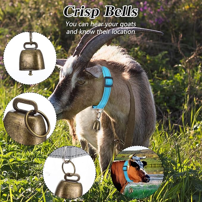 10 Pack Reflective Goat Collars with Bells, Cow Horse Sheep Grazing Copper Bells and Adjustable Nylon Collar Set Pet Anti-Lost Loud Bronze Bell for Small Farm Animal Goat Sheep Cow Accessories