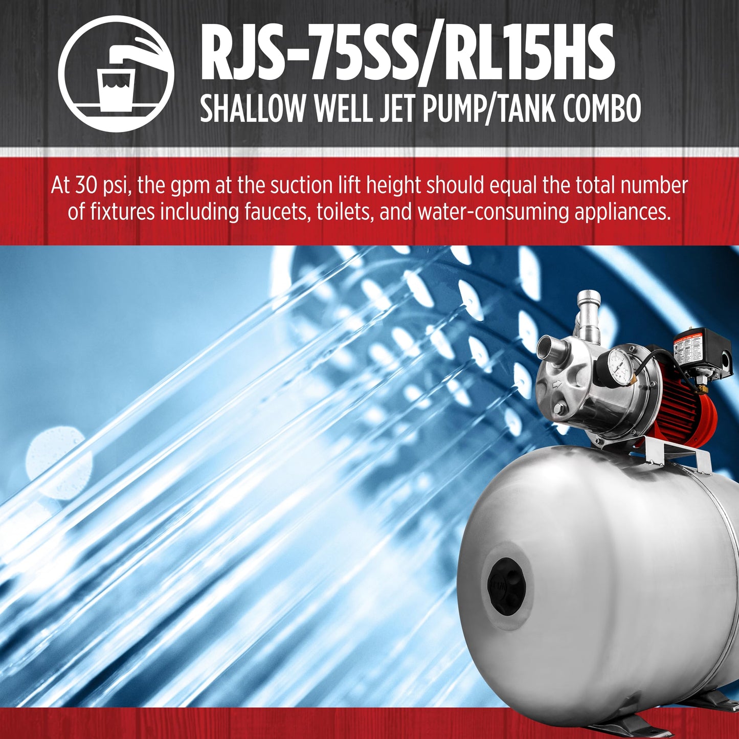 Red Lion RJS-75SS/RL15HS 115/230 Volt 3/4 HP, 12.8 GPM Stainless Steel Shallow Well Jet Pump and 15 Gallon Tank System, Stainless Steel, 602240