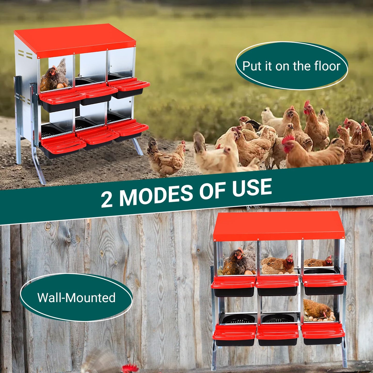 GarveeLife Nesting Boxes for Chickens, 6 Holes Chicken Nesting Boxes with Legs, Chicken Laying Box with Lid Cover, for Outdoor Chicken Coop Farm Yard, Red
