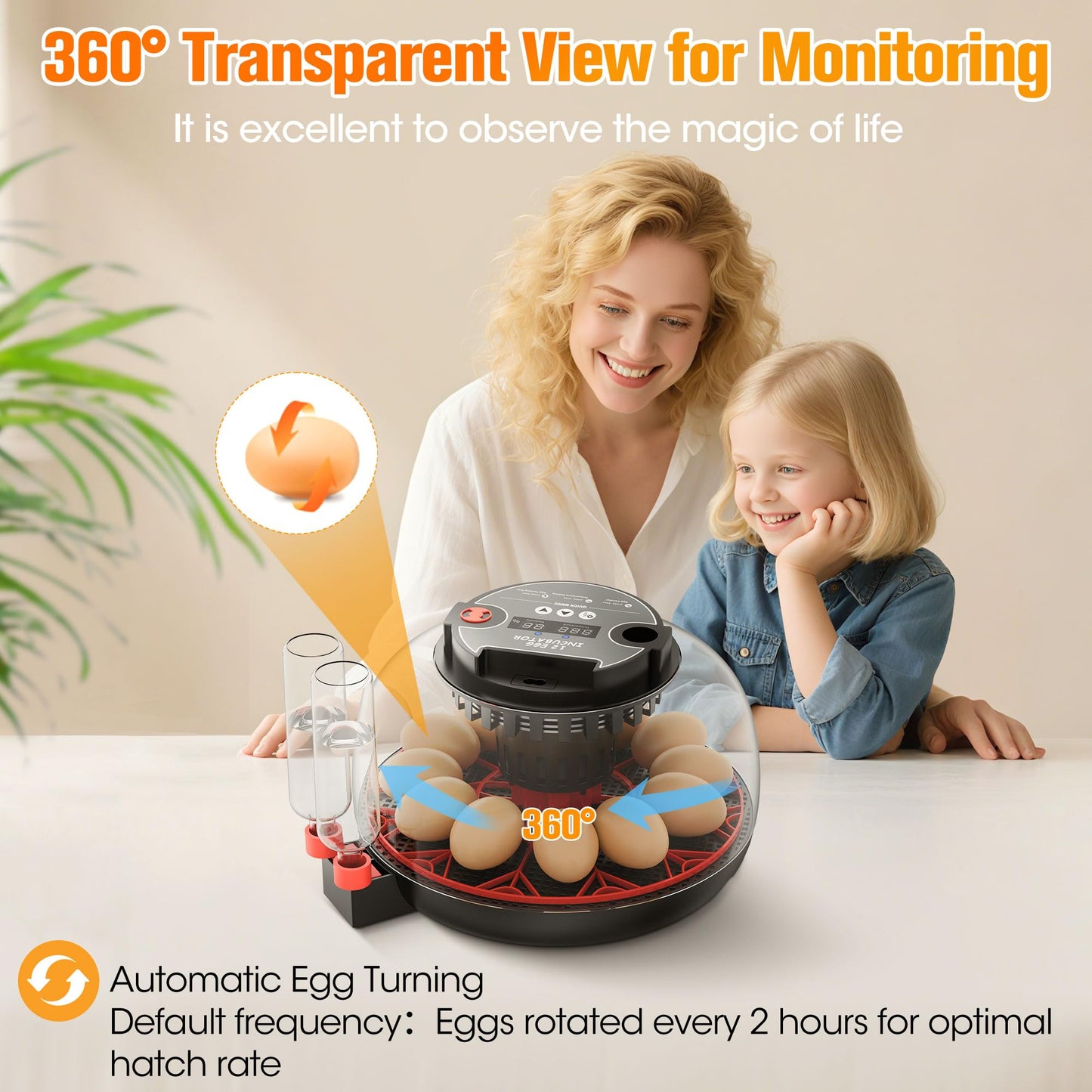 Incubators for Hatching Eggs,12 Egg Automatic Egg Turner with Temperature Humidity Control,Digital Display,Auto Alarm,360° Viewing for Chicken,Quail,Duck Eggs
