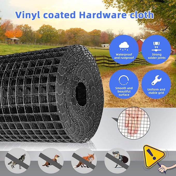 Black PVC Vinyl Coated Wire Mesh Hardware Cloth 1/2 inch 36 x 100 ft 19 Gauge, Double-Layer Rust-Proof Design, Easy to Bend and Durable, Chicken Wire Mesh, Tree Guard, Rodent Wire
