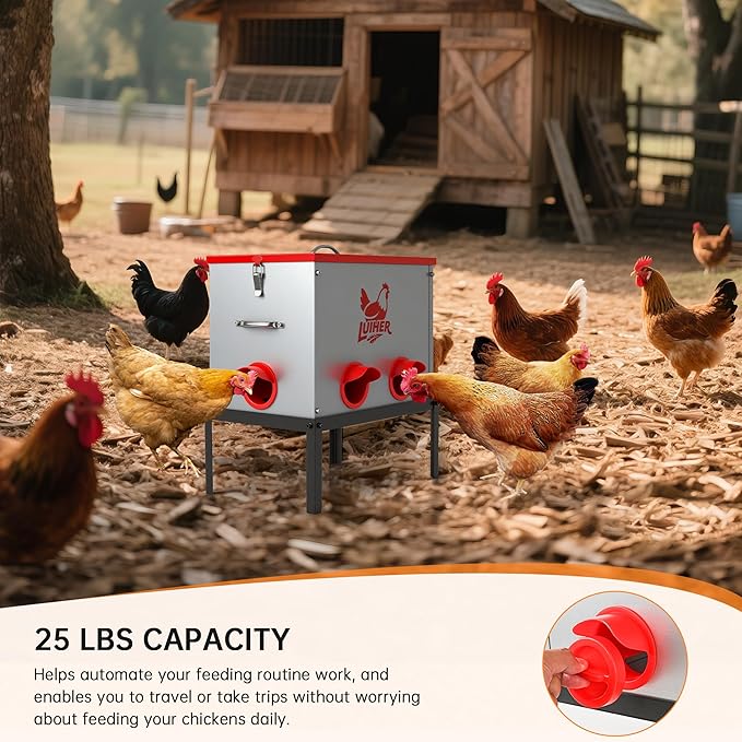 LUIHER Poultry Feeder-25LB no Waste chincken Feeder 6 Ports Large Capacity Galvanized Metal Poultry Feeder with Legs and Lids - Reduces Refilling Frequency Chicken Feeding Equipment for Hen Coop
