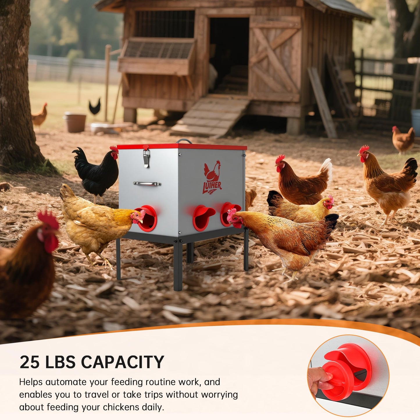 LUIHER Poultry Feeder-25LB no Waste chincken Feeder 6 Ports Large Capacity Galvanized Metal Poultry Feeder with Legs and Lids - Reduces Refilling Frequency Chicken Feeding Equipment for Hen Coop