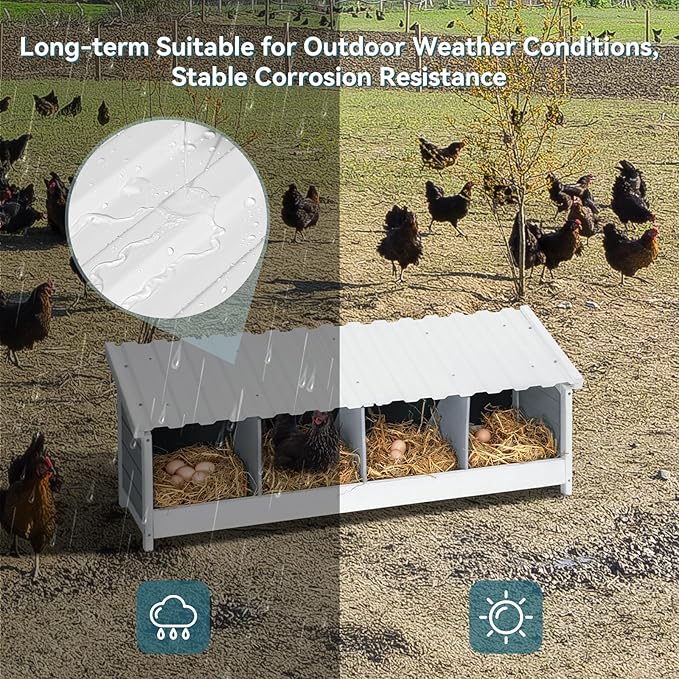 PETSFIT 4 Holes Chicken Nesting Box-All Weather PVC Roof, Natural Wood Design with Privacy Back Panel for Hens-Wall Mounted or Floor Use in Coops, Farms, Backyards,Easy to Assemble