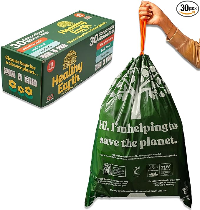 Healthy Earth 13 Gallon Compostable Trash Bags – Tall Kitchen Garbage Bags with Drawstring Handles, Extra Thick Plant-Based Liners, BPI & TÜV Certified ASTM D6400, Heavy Duty Leak-Proof (30 Count)