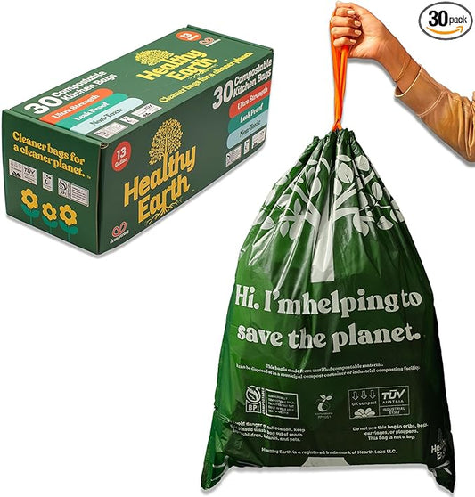 Healthy Earth 13 Gallon Compostable Trash Bags – Tall Kitchen Garbage Bags with Drawstring Handles, Extra Thick Plant-Based Liners, BPI & TÜV Certified ASTM D6400, Heavy Duty Leak-Proof (30 Count)