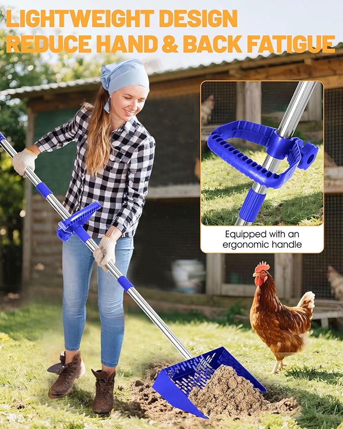 Chicken Poop Scooper & Rake - 2-in-1 Metal Chicken Coop Scoop for Sand with 22 to 62" Adjustable Handle, Litter Sifting Shovel Cleaning Tools for Chicken Run, Animal Farm, Duck Coop Blue