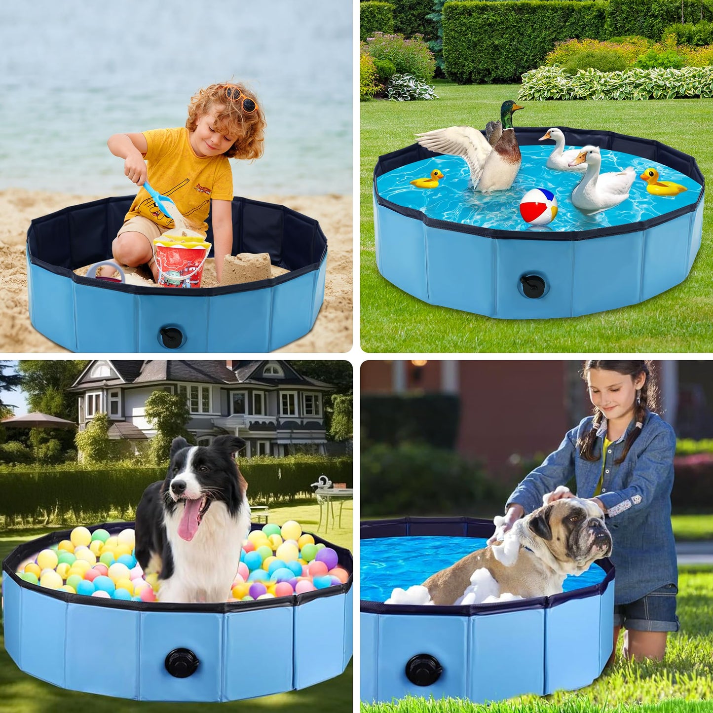 HOSASSPER Foldable Drainable Duck Pond Pool for Real Pet Ducks, Blue Hard Plastic Folding Small Swimming Pool with Drain Plug for Cat Dog for Indoor and Outdoor