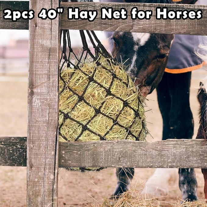 2PCS Hay Net for Horses - Ultra Slow Feed Hay Net with 2 Pairs Gloves, 2.36"x2.36" Holes 40” Heavy-Duty Horse Slow Feed Hay Nets for Stall, Trailer, Pasture - Strong & Durable Hanging Feeders