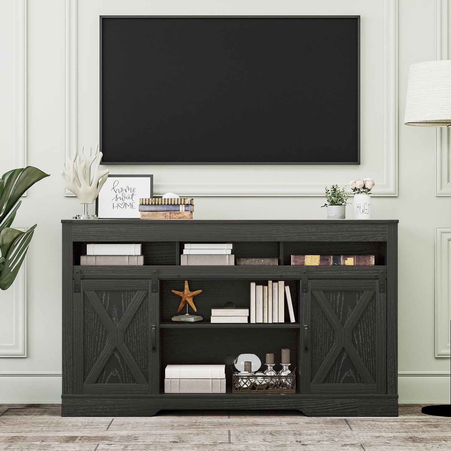FansaFurn Farmhouse TV Stand for 65+ Inch TV, 34'' Tall Entertainment Center with Sliding Barn Doors, Rustic Wood Media Console Storage Cabinet Television Stand for Living Room, Bedroom (Black)