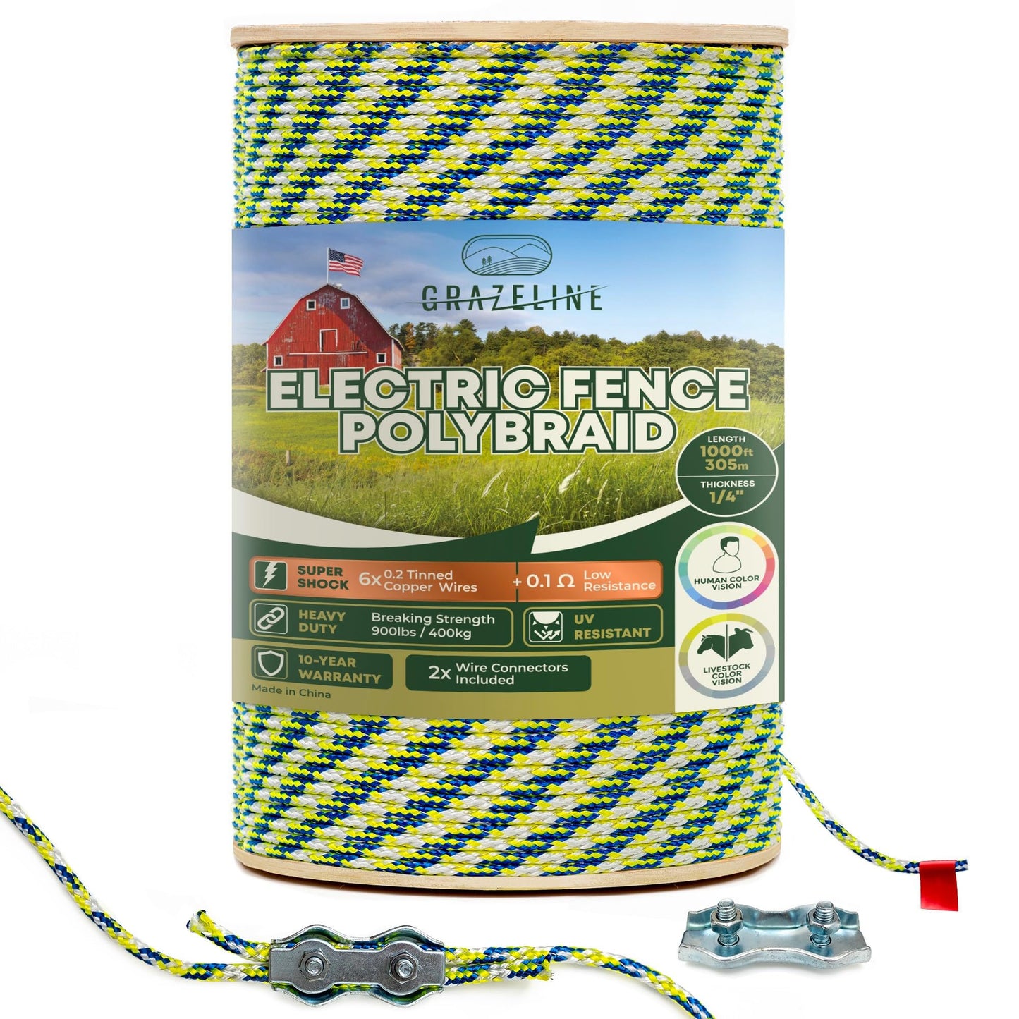 Electric Fence Polybraid 1/4" Rope 1000Ft (305m) - 6 x Tinned Copper Strands for Superior Shock - Heavy Duty Polyrope Braided - Premium Horse Wire Fencing Highly Visible - UV Rust Corrosion Resistant