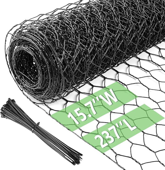 Chicken Wire 15.7 in x 237 in Poultry Wire Netting Hexagonal Galvanized Mesh Garden Fence Barrier for Pet Rabbit Chicken Fencing with 100 Pcs Cable Zip Ties(PVC-Coated)
