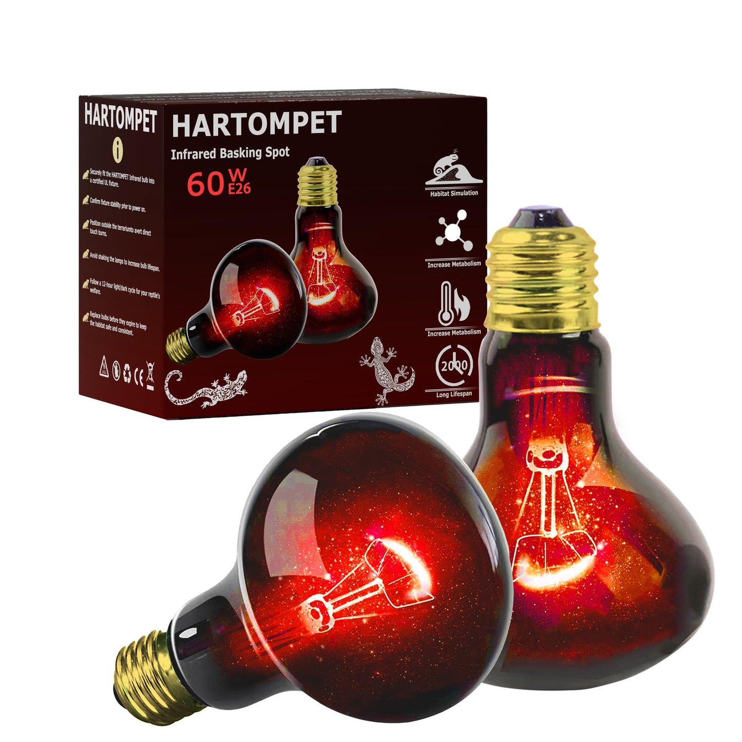 HARTOMPET 60W Infrared Red Heat Lamp for Reptiles, Basking Spot Bulb for Pet Lizards, Bearded Dragons, Chameleons & Snakes, Red Heat Emitter Light for Chickens Coop and Brooder Use, E26|2 Pack