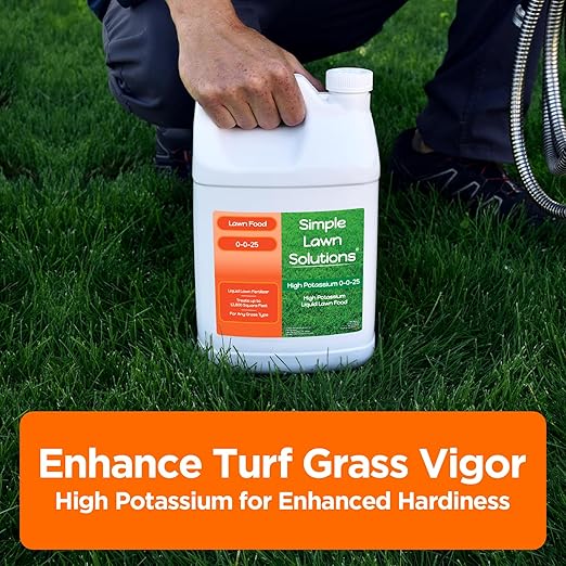 Simple Lawn Solutions - High Potassium Lawn Food Liquid Fertilizer 0-0-25 - Concentrated Spray - Turf Grass Vigor and Plant Hardiness - Summer and Fall - Any Grass Type (1 Gallon)