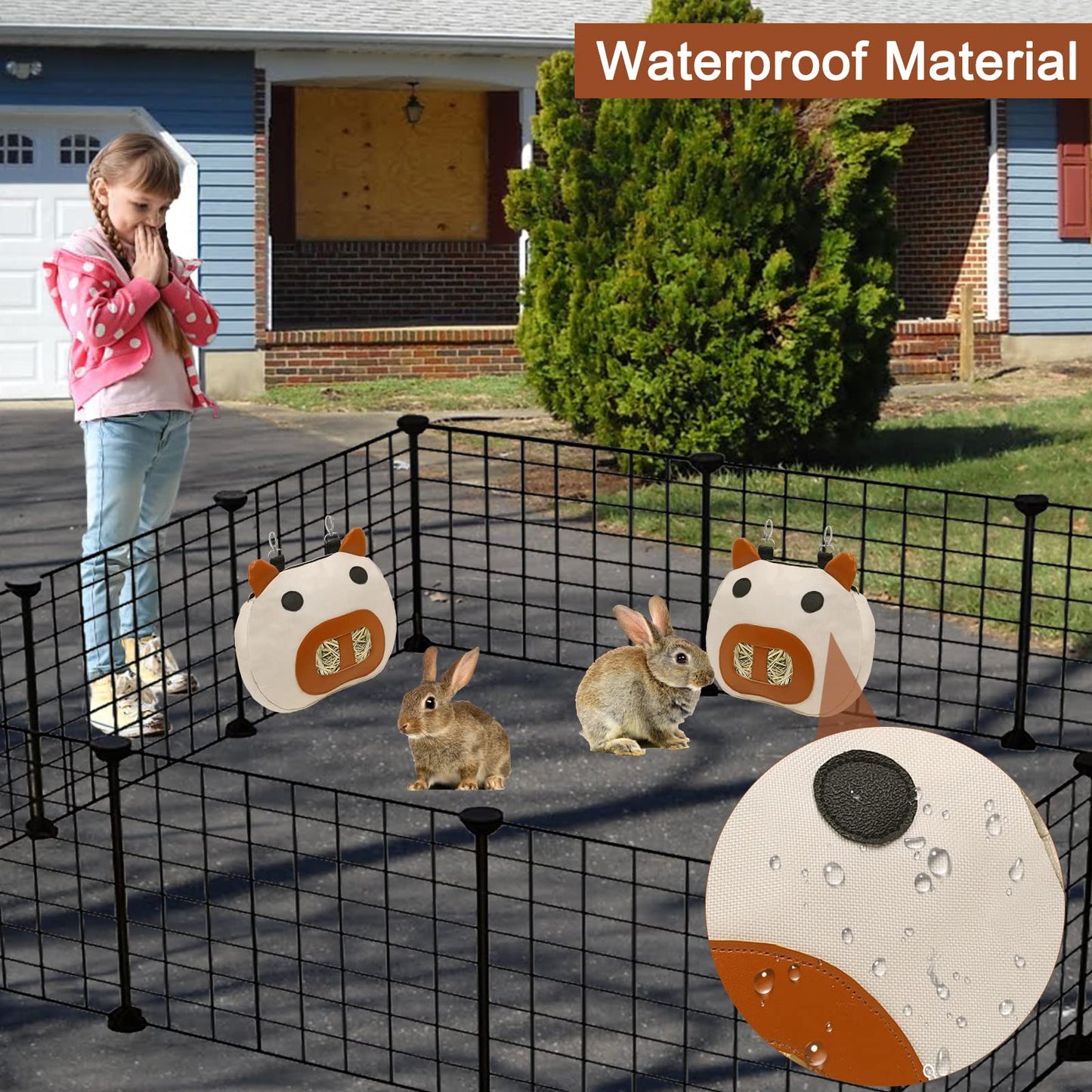 Zhilishu Rabbit Hay Feeder Bag, Hay Feeder for Guinea Pig Timothy Hay Feeder Dispenser Storage with 2 Hanging Hooks for Bunny Small Animal Cage Mess Free (Brown)