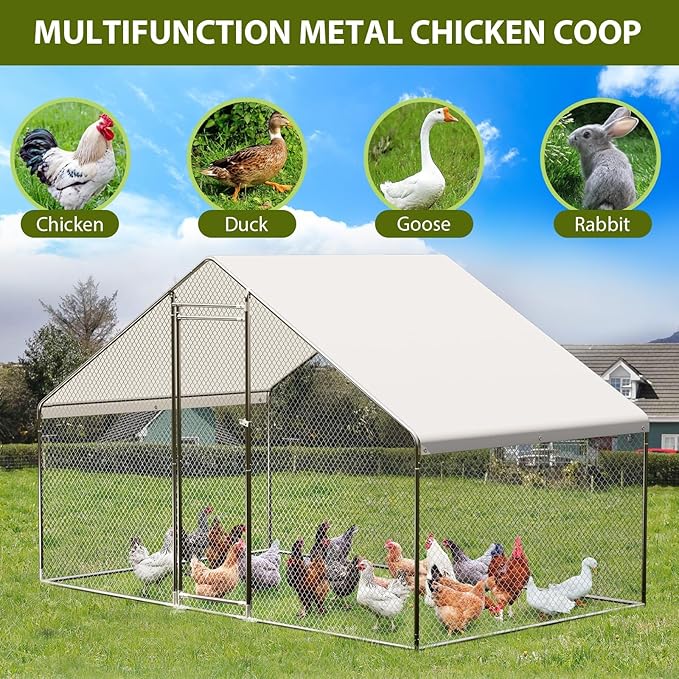 Large Metal Chicken Coop Run, 9.8L x 6.5W x 6.5HFT Chicken Runs for Yard with Cover and Waterproof and Anti-Ultraviolet, Spire Roof Metal Chicken Coop with Lock for Backyard, Duck, Rabbit