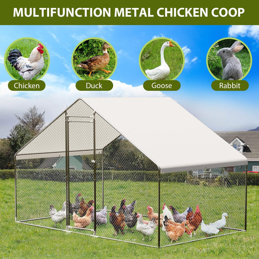 Large Metal Chicken Coop Run, 9.8L x 6.5W x 6.5HFT Chicken Runs for Yard with Cover and Waterproof and Anti-Ultraviolet, Spire Roof Metal Chicken Coop with Lock for Backyard, Duck, Rabbit