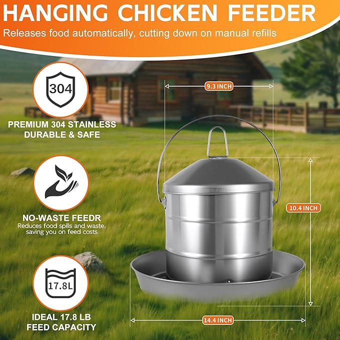 17.8lb Stainless Steel Hanging Chicken Feeder, Metal No Waste Poultry Feeder, Rustproof, Reusable, Long-Lasting, Gravity Feed Chicken Coop Accessories for Chicken, Geese, Duck, Hens, Rooster, Chick