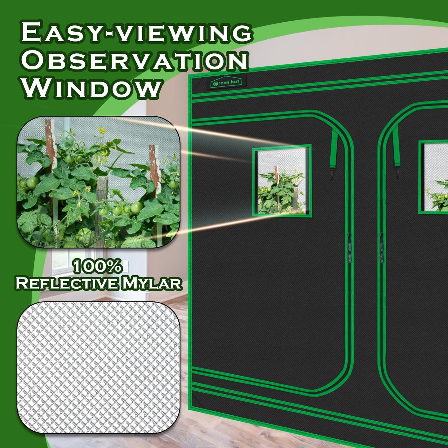 Green hut Grow Tent 96"x48"x78" 600D Mylar Hydroponic Indoor Grow Tent with Observation Window, Removable Floor Tray and Tool Bag for Indoor Plant Growing 8x4