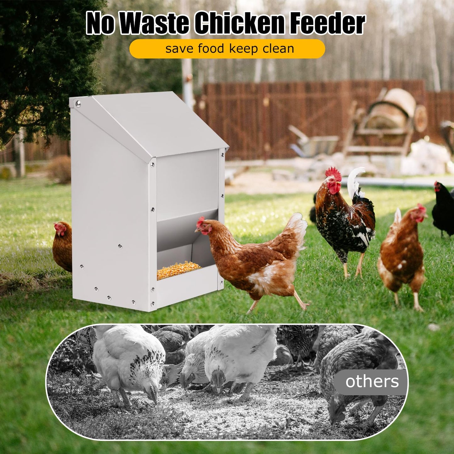 JLUHYANN Automatic Chicken Feeder 10lb Metal Poultry Feeder with Lid No Waste Duck Feeder Wall Mounted Chicken Feed Dispenser with Scoop for Chickens Ducks Goose Poultry (Small Size)