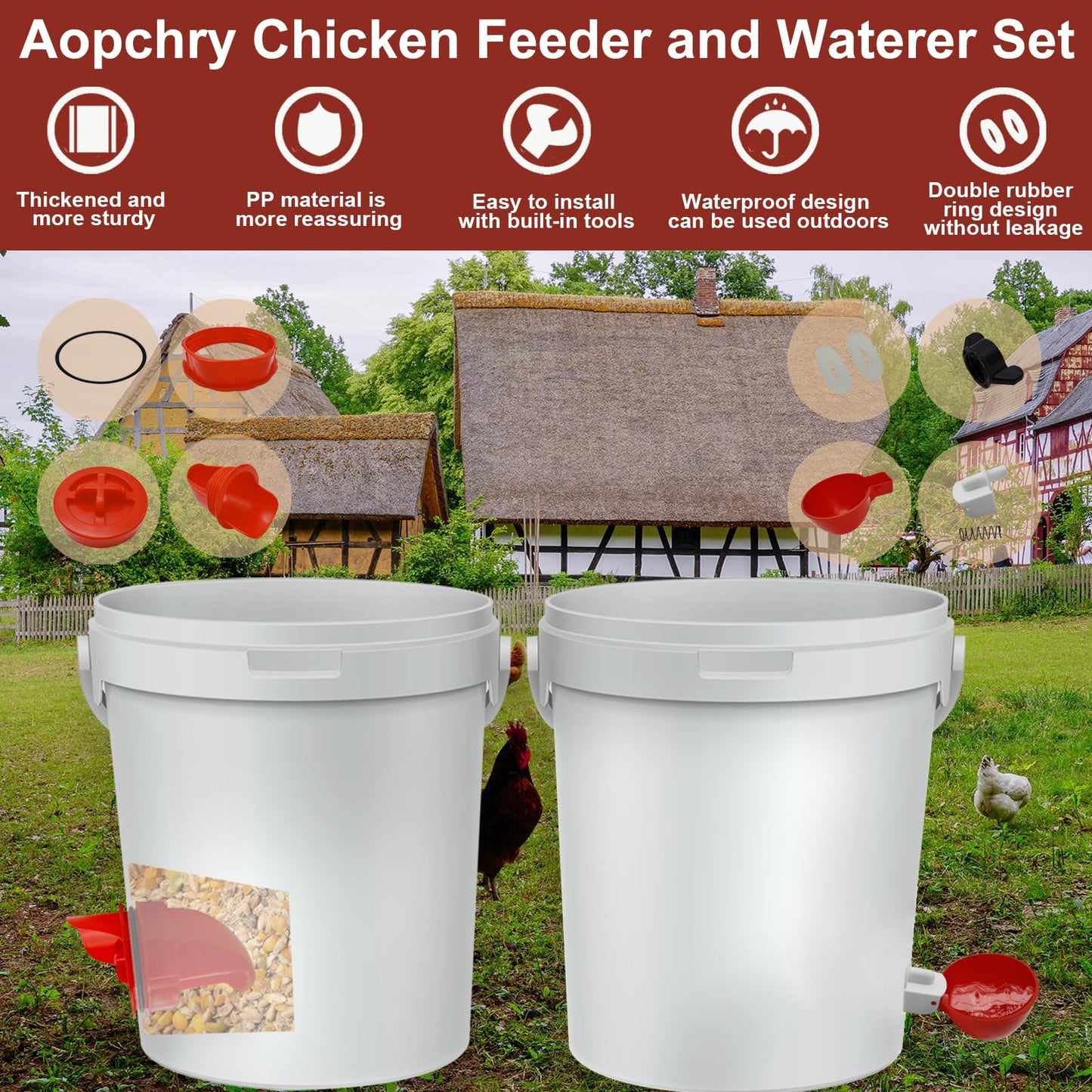 Aopchry Automatic Chicken Feeder and Waterer Set, 8 Pack Chicken Waterer Cups and 4 Pack Chicken Feeders, DIY Large Chicken Water Feeder, Suitable for Various Poultry, with Mounting Hole Opener