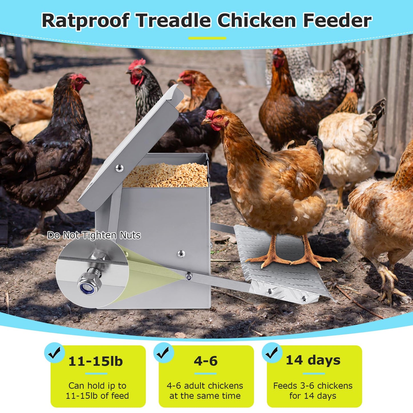 PAULOZYN Automatic Chicken Feeder Treadle Large Poultry Feeders No Waste Stainless Steel Rat Proof Chicken Feeder Trough with Weatherproof Lid Treadle Chicken Feeder Self-Opening for Duck Fowl