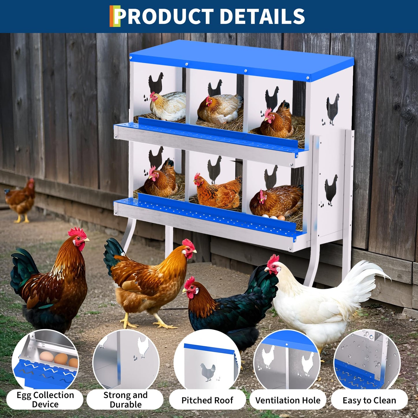 Garvee Chicken Nesting Box with Removable Tray, 6 Compartment Nesting Boxes for Chickens, Easy to Clean and Install, Chicken Laying Boxes for Chicken Coop to Protect Eggs - with Bracket Legs, Blue