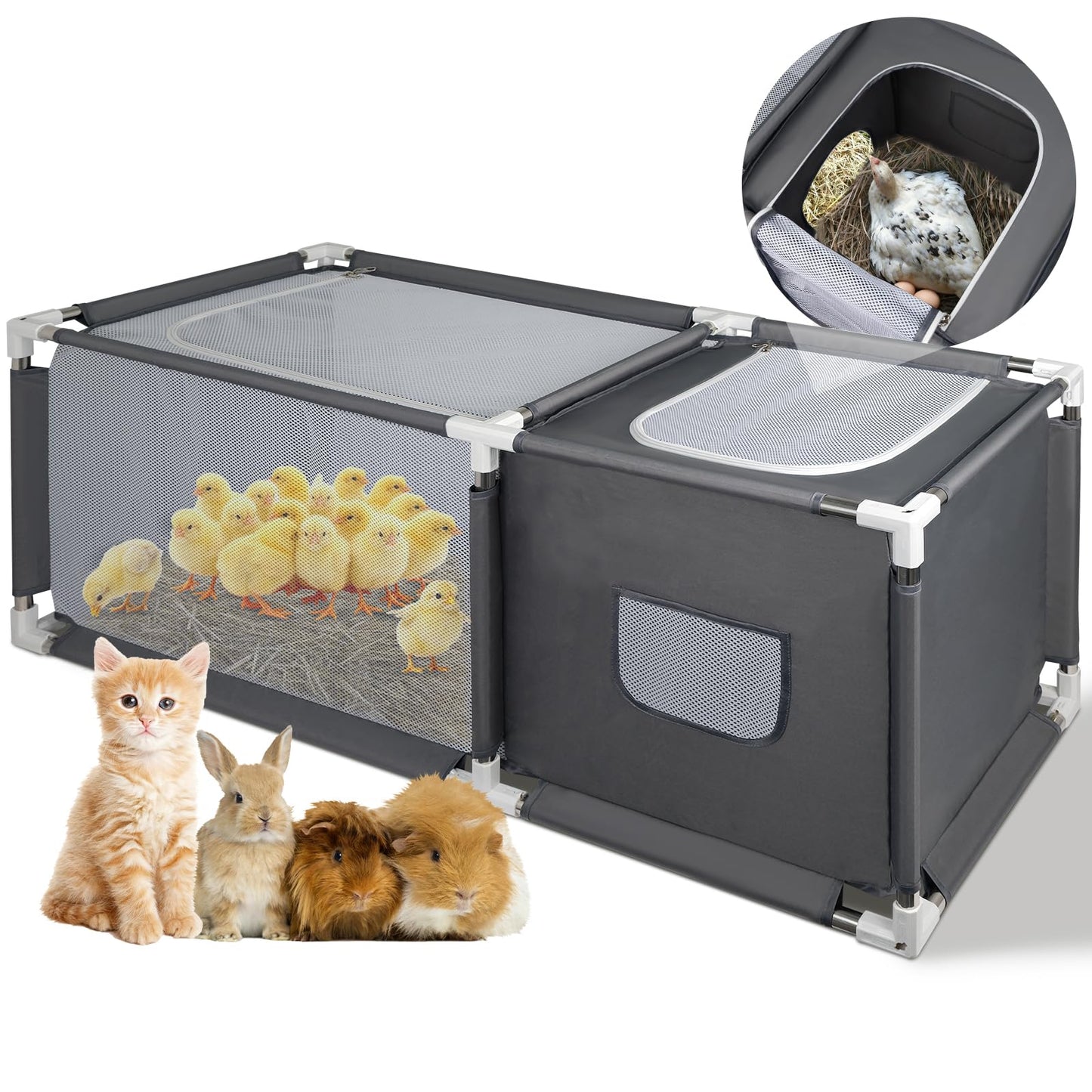 49.6"x19.7"x19.7" Brooder Box for Chicks with Dual Zipper Doors, Oxford Fabric & Mesh Chicken Brooder Box with Two-Zone, Small Animals Playpen Indoor Outdoor for Chicks, Ducks, Kitten, Puppy, Rabbits