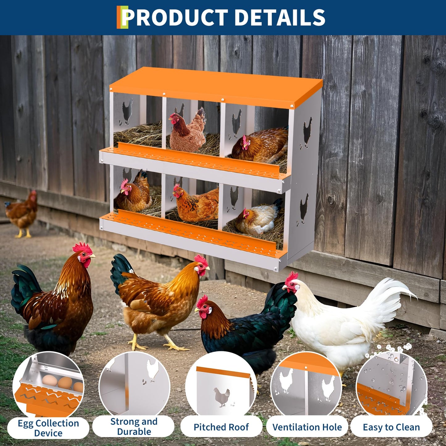Chicken Nesting Boxes, 6-Hole Roll Away Nest Box for Chicken Coop, Metal Egg Laying Box with Perch & Lid Cover to Protect Eggs, Rollout Egg Collection, Vented Holes Orange