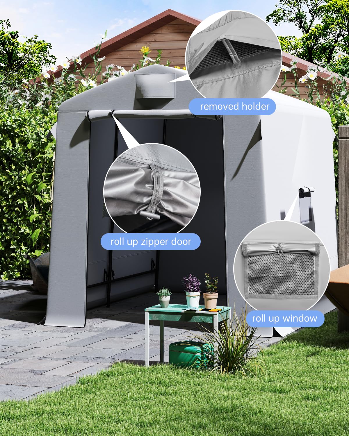 Portable Shed Outdoor Storage Shelter, 6x8x7 ft Instant Waterproof Storage Tent Sheds with Roll-up Zipper Door and Ventilated Windows for Motorcycle, Bike, Garden Tools(Grey)