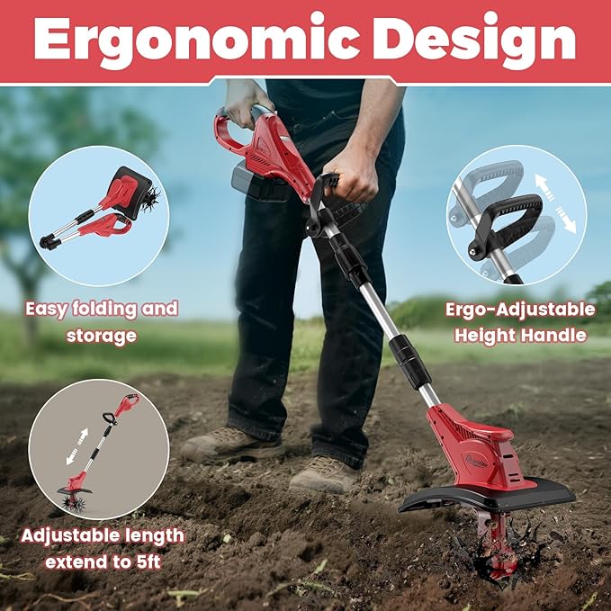 Cordless Electric Garden Tiller Cultivator Compatible with Milwaukee 18V Battery(Tool Only), Folding Electric Rototiller Features 40 Steel Tines 310RPM, Red