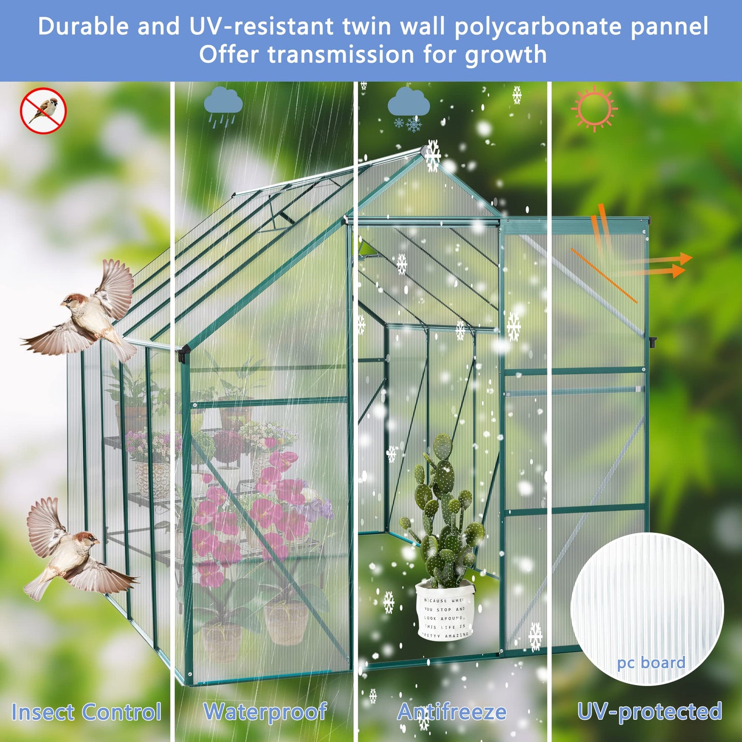 KELRIA 6x10 FT Hybrid Polycarbonate Greenhouse with Sliding Door and Adjustable Vent Window Walk-in Hobby Greenhouses Aluminum Heavy Duty Hot House for Outdoor Garden Backyard, Green