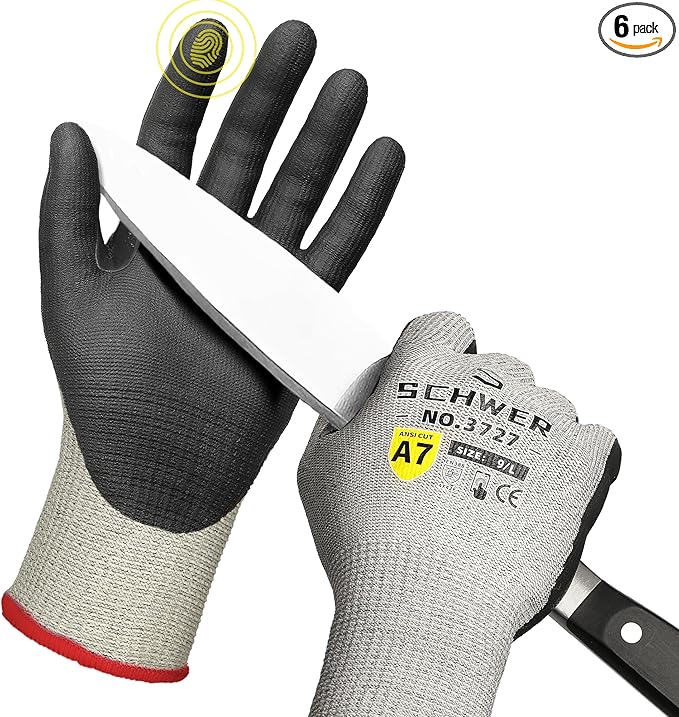 6 Pairs High Level Cut Resistant Work Gloves for High Risk Work, ANSI A7 Cutting Gloves with Reinforced Thumb, Used for WoodWorking, Construction, Non Slip, Durable, Breathable & Cool, L, PR3727