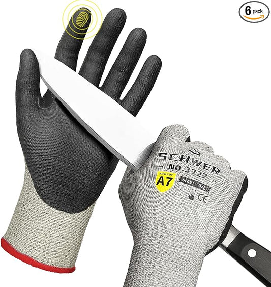 6 Pairs High Level Cut Resistant Work Gloves for High Risk Work, ANSI A7 Cutting Gloves with Reinforced Thumb, Used for WoodWorking, Construction, Non Slip, Durable, Breathable & Cool, L, PR3727