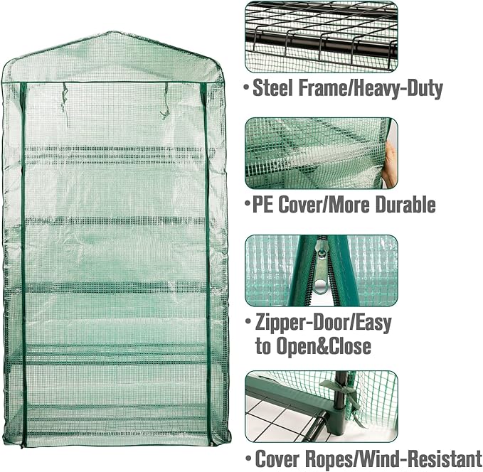 Worth Garden 50% Extra Wide Mini Greenhouse 5 Tier Portable Plant Green House 40in Wide -Sturdy Gardening Shelves with PE Cover & Roll-Up Zipper Door - Indoor & Outdoor Use - 19″W. x 40″L. x75″H.