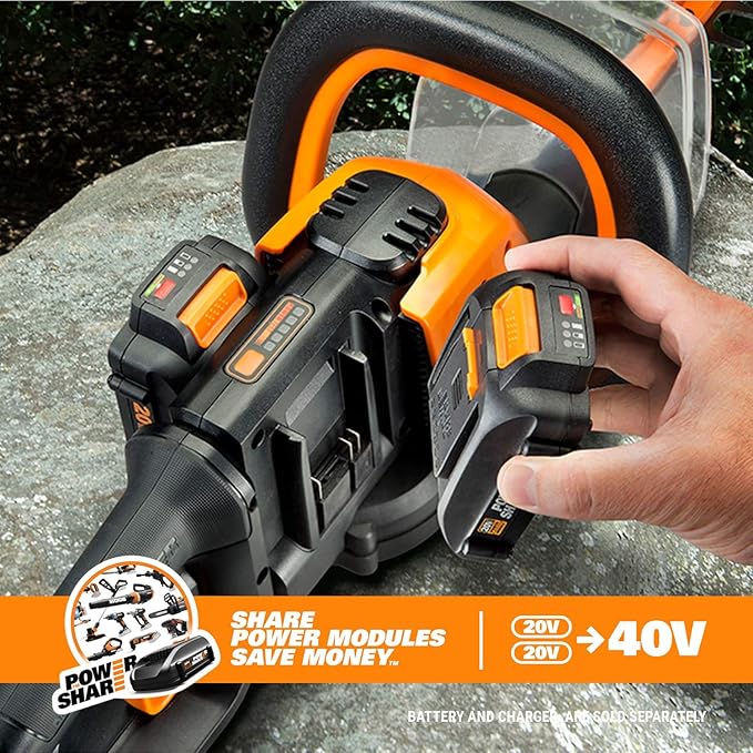 WORX WG284.9 26" 40V Cordless Hedge Trimmer, Electric Hedge Trimmer with Dual-Action Blades, Brushless Bush Trimmer with 180° Rotating Handle, 2 Batteries & Charger Not Included