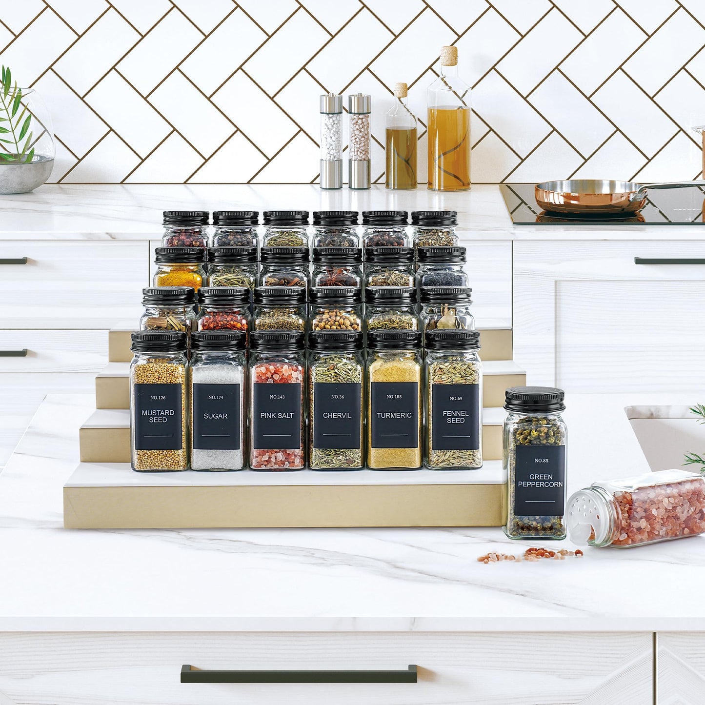 Miuyhji Spice Jars, 24 Pcs 4oz Seasoning Jars with Label, Glass Jars with Shaker Lids, Spice Containers Bottles with Pepper Grinder & Stainless Steel Funnel for Seasoning Organizer, Cabinet, Drawer